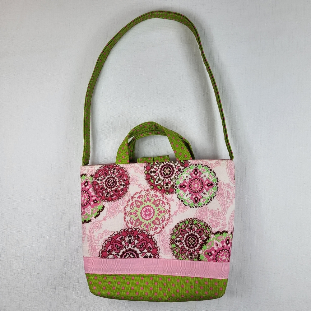 Ever Sew English Handmade PURSE Handbag Small Tote Fabric Green Pink Medallions - Picture 2 of 13